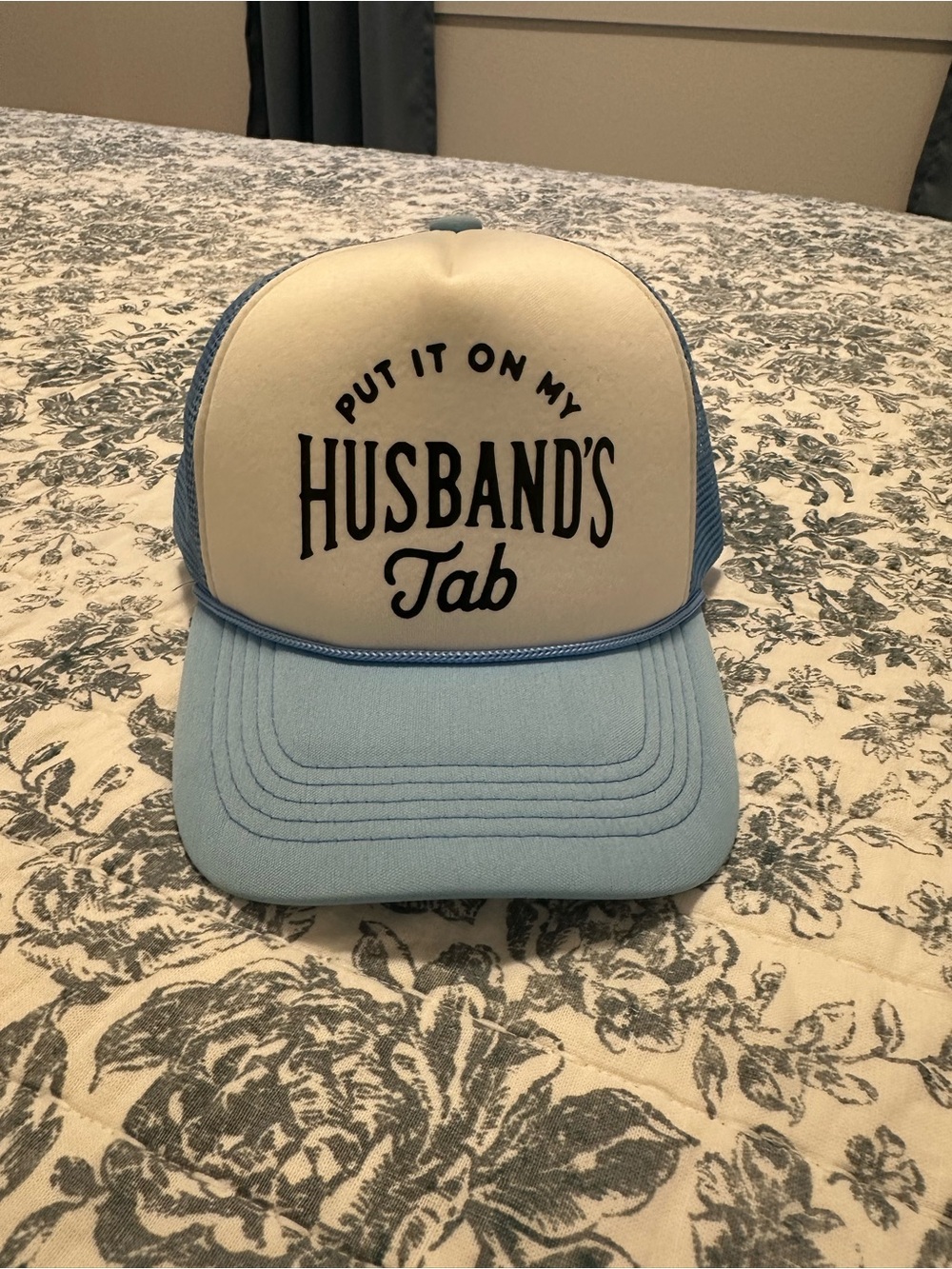Light Blue & White Trucker Hat - "Put It On My Husband's Tab"